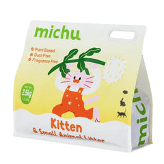 Michu plant-based, dust-free, fragrance-free kitten & small animal litter, 2.5kg bag with cute cat design