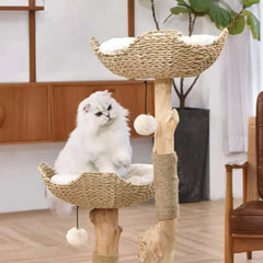 Michu Premium Real Wooden Cat Tree-Large with cozy perches and a playful cat.