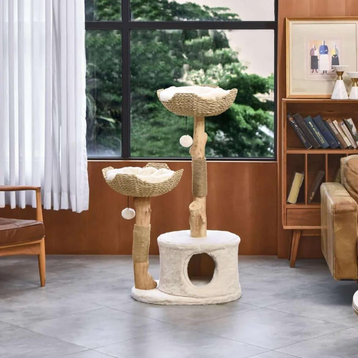 Michu Premium Real Wooden Cat Tree-Large elegantly designed cat tower in modern living space.