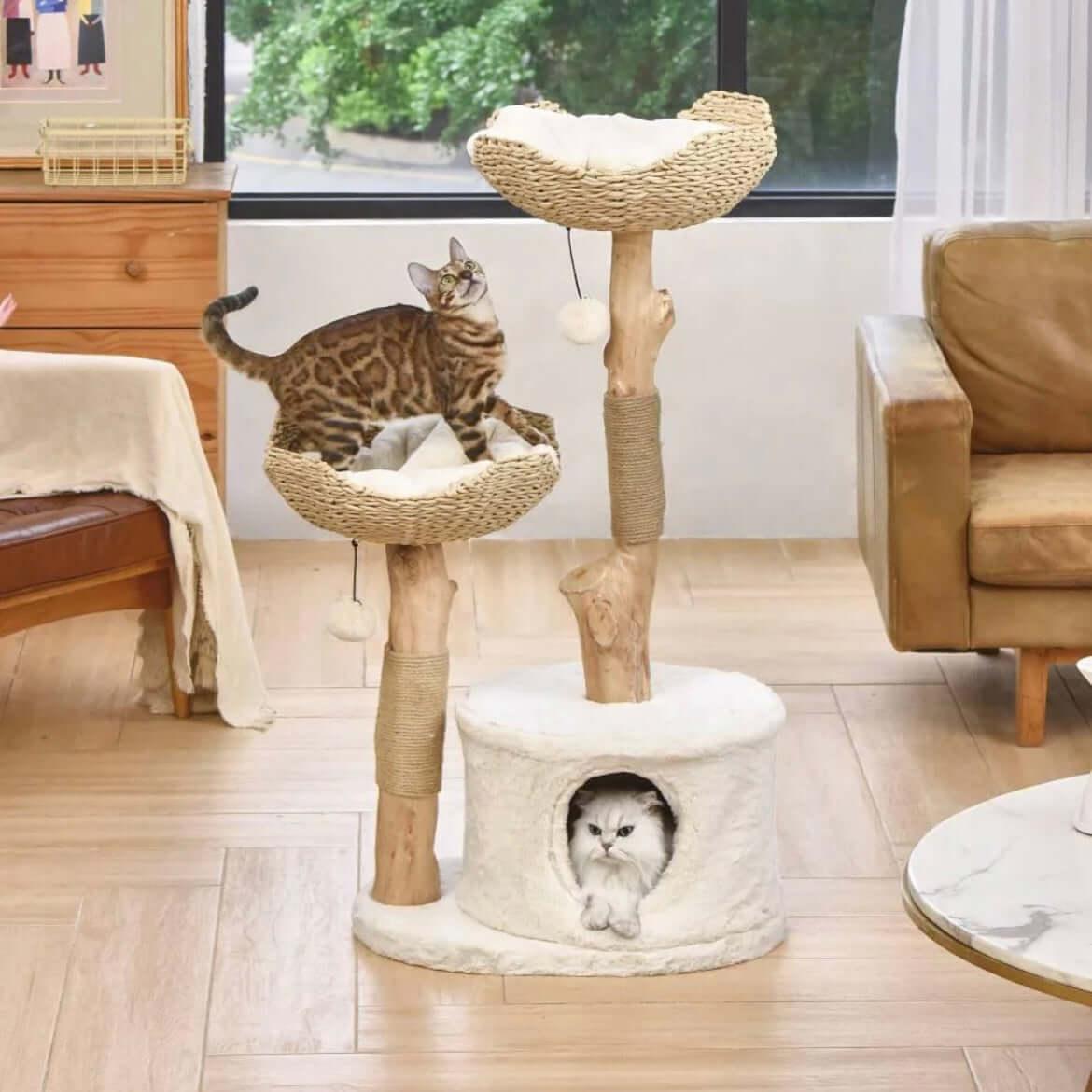 Michu Premium Real Wooden Cat Tree-Large with two cats playing on the upper levels and resting inside the base.