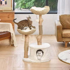 Michu Premium Real Wooden Cat Tree-Large with two cats playing on the upper levels and resting inside the base.
