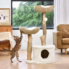Michu Premium Real Wooden Cat Tree-Large showcasing a stylish cat tower with cozy perches and a playful cat.
