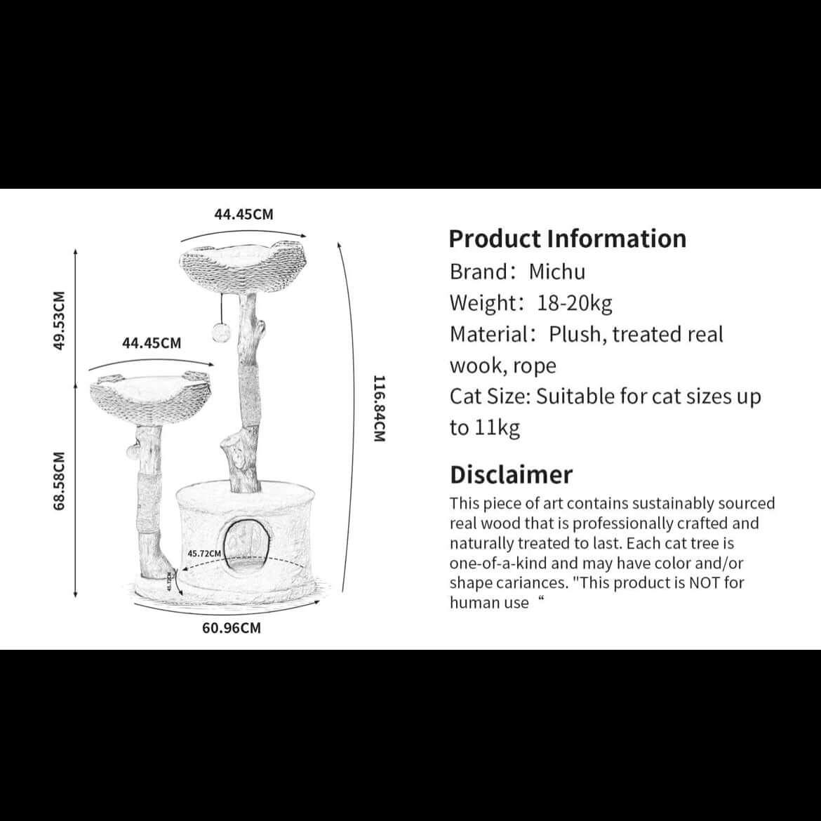 Michu Premium Real Wooden Cat Tree-Large product information display with dimensions and materials.