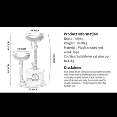 Michu Premium Real Wooden Cat Tree-Large product information display with dimensions and materials.