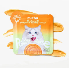 Michu Rainbow Mousse Wet Cat Food 5 Flavours- Complete Food/Wet Mixer and Topper 10pcs/Pack packaging featuring Chicken with Pumpkin & Scallop.