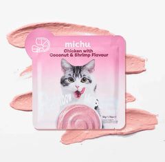 Michu Rainbow Mousse Wet Cat Food 5 Flavours- Complete Food/Wet Mixer and Topper 10pcs/Pack Chicken with Coconut & Shrimp