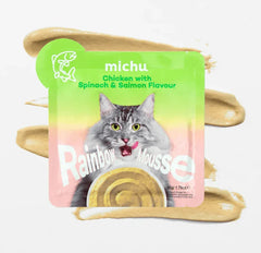 Michu Rainbow Mousse Wet Cat Food 5 Flavours- Complete Food/Wet Mixer and Topper 10pcs/Pack - Chicken with Spinach & Salmon