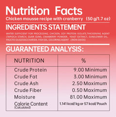 Nutrition facts for Michu Rainbow Mousse Wet Cat Food 5 Flavours- Complete Food/Wet Mixer and Topper 10pcs/Pack.