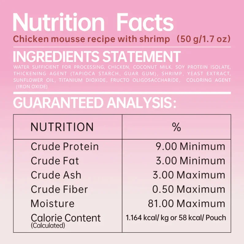 Nutrition Facts for Michu Rainbow Mousse Wet Cat Food 5 Flavours, chicken mousse recipe with shrimp.