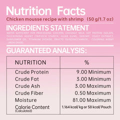Nutrition Facts for Michu Rainbow Mousse Wet Cat Food 5 Flavours, chicken mousse recipe with shrimp.