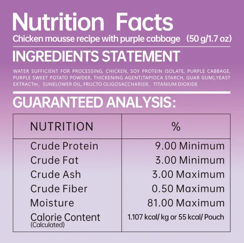 Nutrition facts for Michu Rainbow Mousse Wet Cat Food 5 Flavours- Complete Food/Wet Mixer and Topper 10pcs/Pack.
