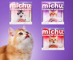 Michu Rainbow Mousse Wet Cat Food 5 Flavours- Complete Food/Wet Mixer and Topper 10pcs/Pack displayed with a curious cat.