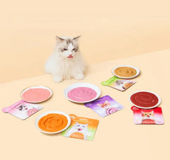 Michu Rainbow Mousse Wet Cat Food 5 Flavours- Complete Food/Wet Mixer and Topper 10pcs/Pack with a cat and various mousse bowls.