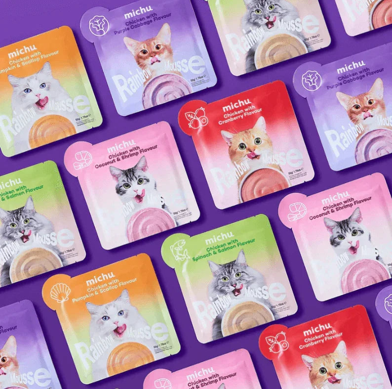 Michu Rainbow Mousse Wet Cat Food 5 Flavours- Complete Food/Wet Mixer and Topper 10pcs/Pack display with colourful packets.