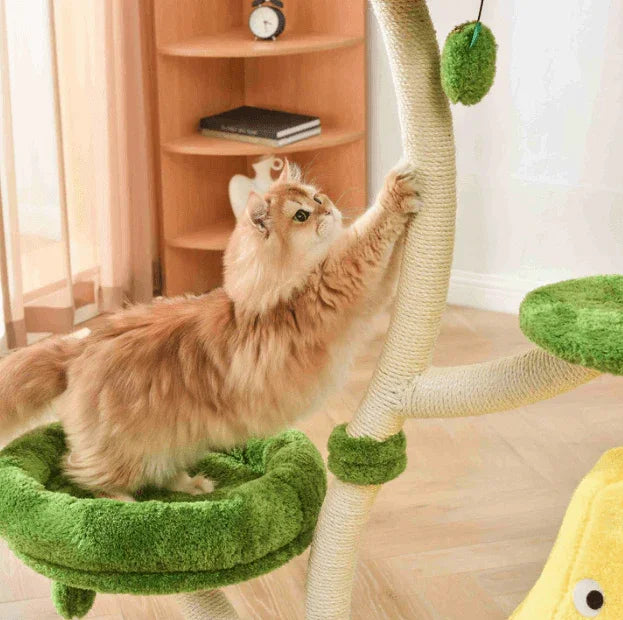 Cat stretching on the Michu Verde Solid Wooded Base Cat Tree, showcasing its unique design and plush features.