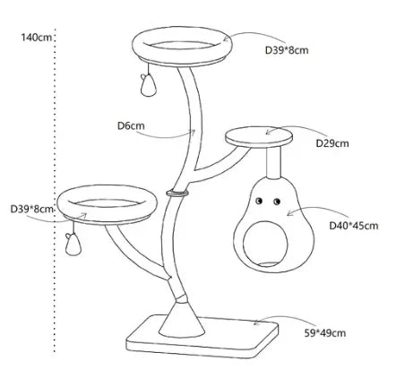Dimensions of Michu Verde Solid Wooded Base Cat Tree showing various height and diameter measurements.