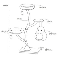 Dimensions of Michu Verde Solid Wooded Base Cat Tree showing various height and diameter measurements.