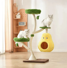 Michu Verde Solid Wooded Base Cat Tree with two fluffy cats perched on green platforms, modern design for Australian homes.
