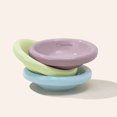 Pastel pet bowls in pink, green, blue with Michu logo, stylish cat and dog feeding dishes