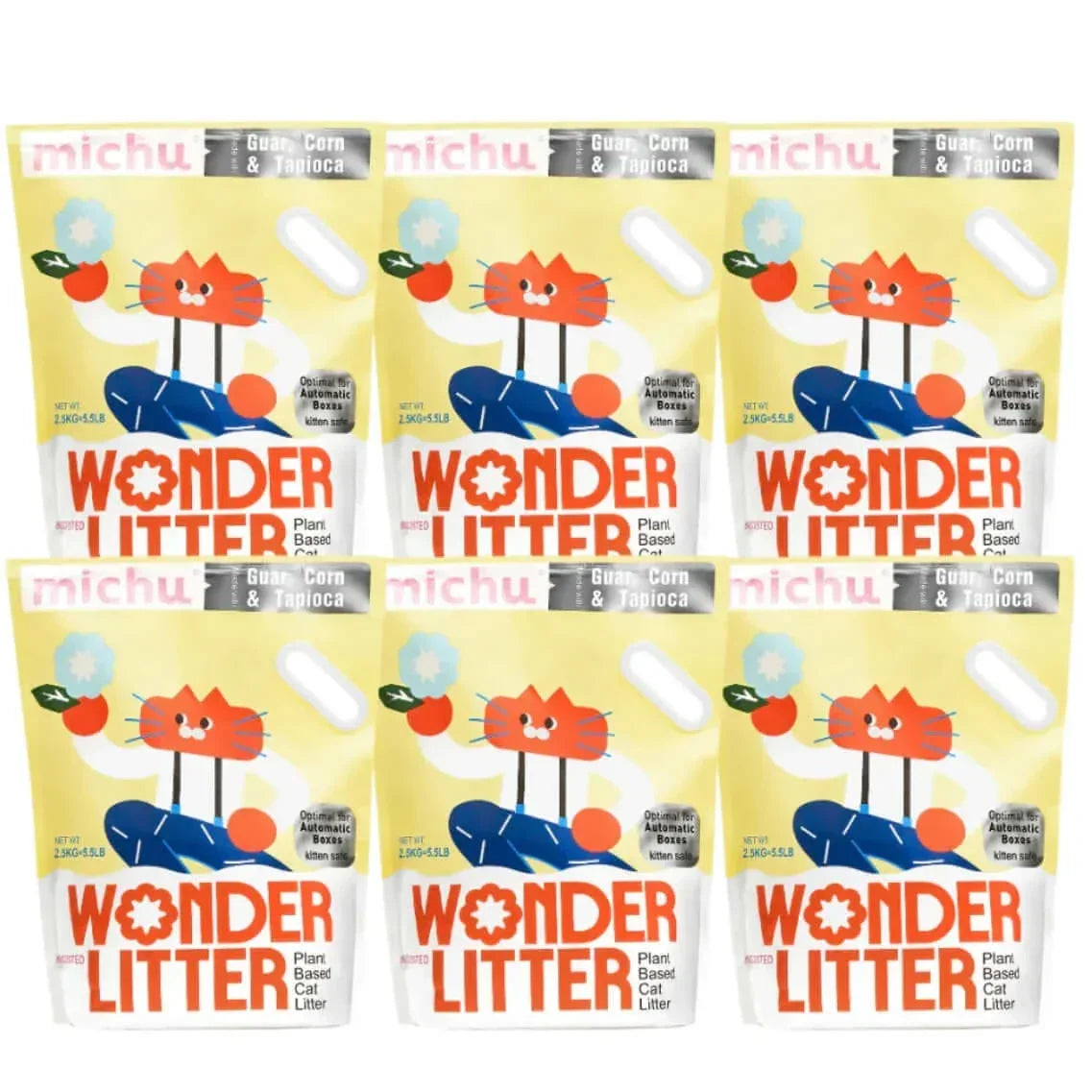Six packs of Michu Wonder Litter, plant-based cat litter with guar, corn & tapioca, kitten-safe and automatic box compatible