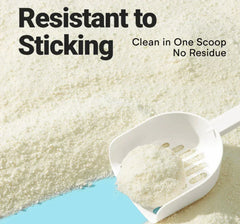 Clumping cat litter resistant to sticking, clean in one scoop with no residue, ideal for easy pet care.