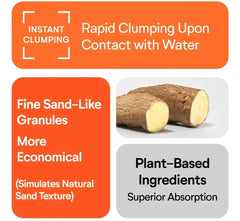 Plant-based cat litter with fine sand-like granules, rapid clumping, and superior absorption for cats