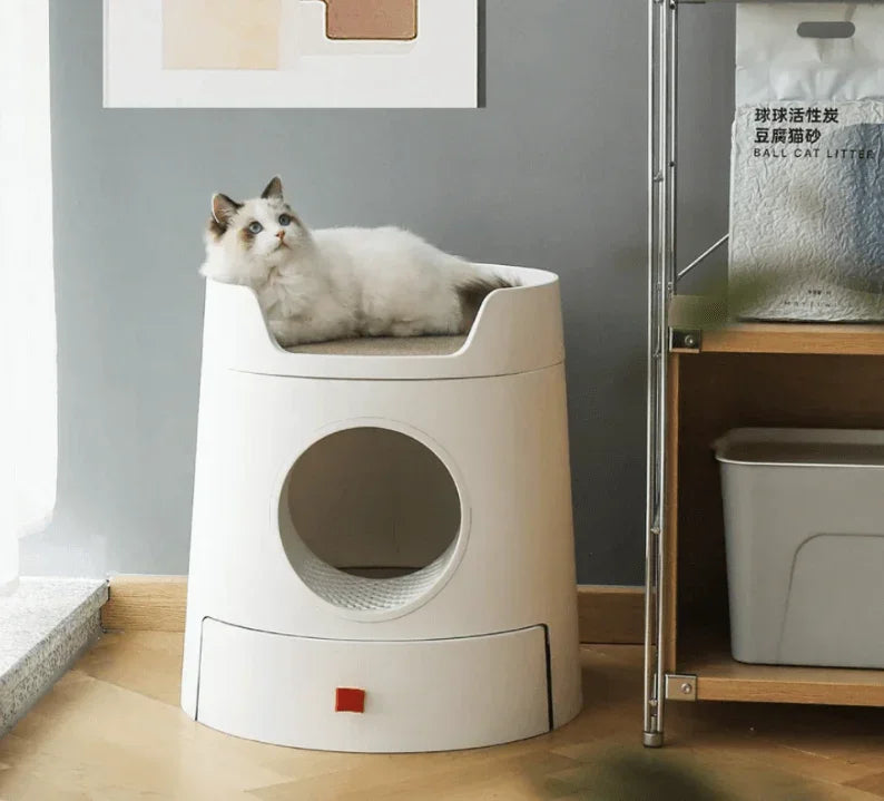 Michu XL Semi Closed Cat Litter Box with Scratch Pad featuring a cat lounging on top and a sleek design.