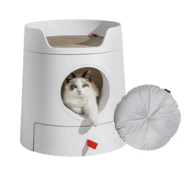 Michu XL Semi Closed Cat Litter Box with Scratch Pad featuring a stylish design and a cozy cat lounging inside.