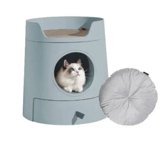 Michu XL Semi Closed Cat Litter Box with Scratch Pad in blue with a cat peeking out of the entrance.