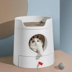 Michu XL Semi Closed Cat Litter Box with Scratch Pad showcasing a cat lounging in a stylish, private space.