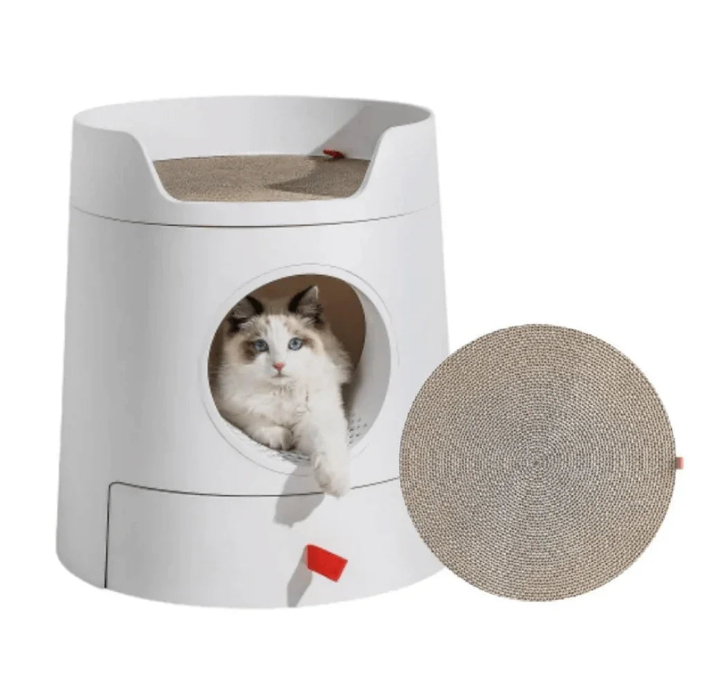 Michu XL Semi Closed Cat Litter Box with Scratch Pad showcasing a cat relaxing inside the stylish design.
