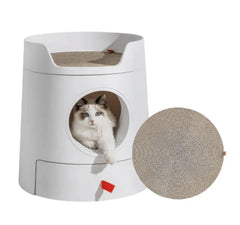 Michu XL Semi Closed Cat Litter Box with Scratch Pad showcasing a cat relaxing inside the stylish design.
