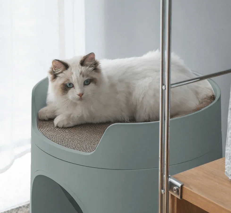 Michu XL Semi Closed Cat Litter Box with Scratch Pad featuring a fluffy cat lounging on top.