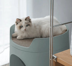 Michu XL Semi Closed Cat Litter Box with Scratch Pad featuring a fluffy cat lounging on top.