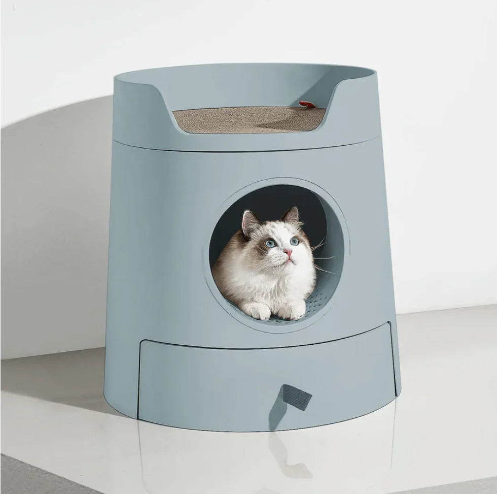 Michu XL Semi Closed Cat Litter Box with Scratch Pad featuring a cat in a stylish blue design.