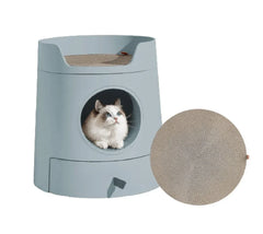 Michu XL Semi Closed Cat Litter Box with Scratch Pad featuring a cat and a scratch pad, stylish and functional design.