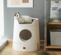 Michu XL Semi Closed Cat Litter Box with Scratch Pad featuring a cat lounging on top and a sleek design.