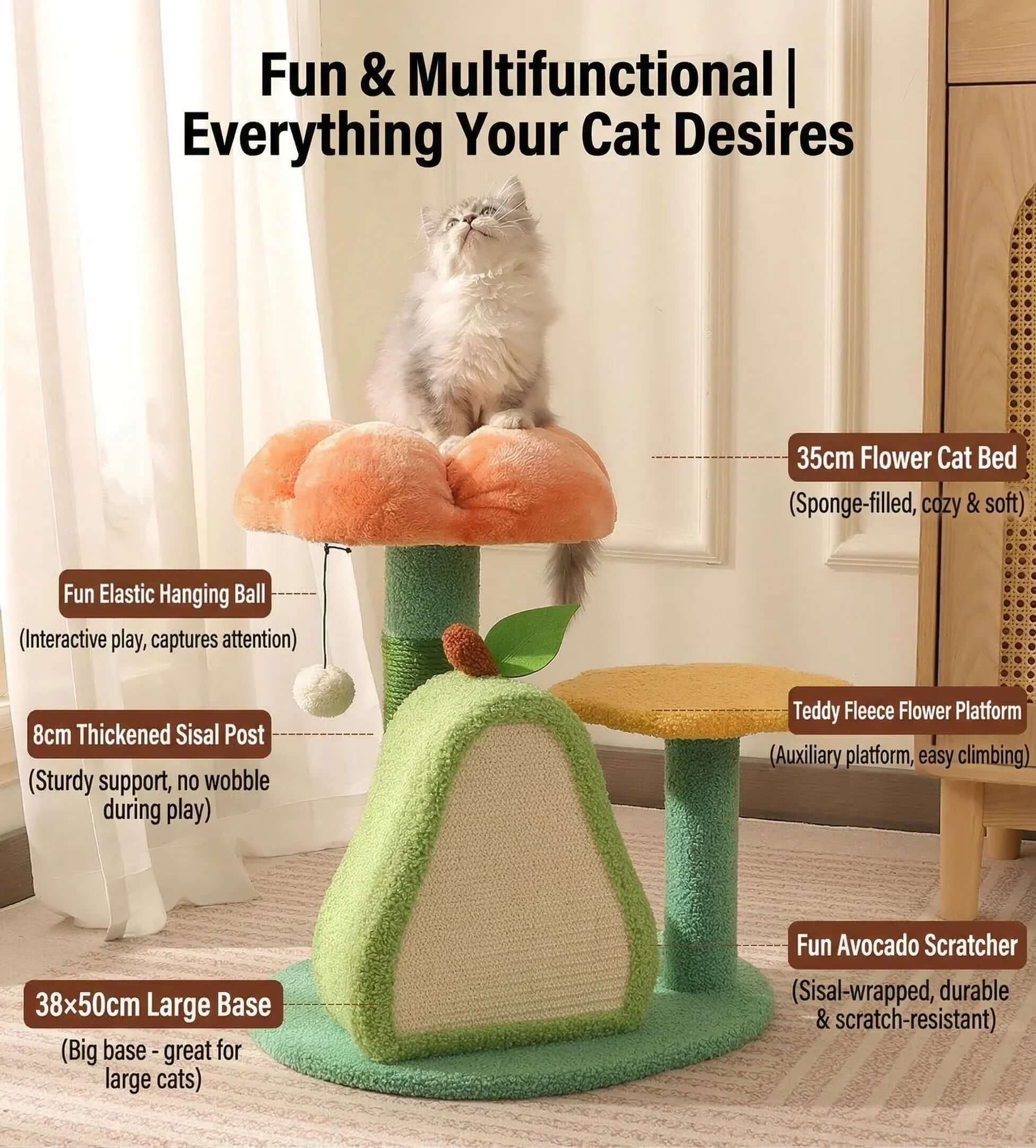 Fluffy cat on floral-themed cat tree with scratcher, hanging ball, and cozy flower bed for playful feline fun