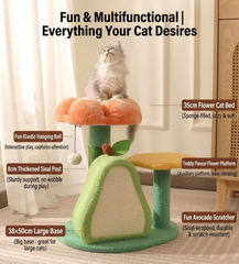Fluffy cat on floral-themed cat tree with scratcher, hanging ball, and cozy flower bed for playful feline fun