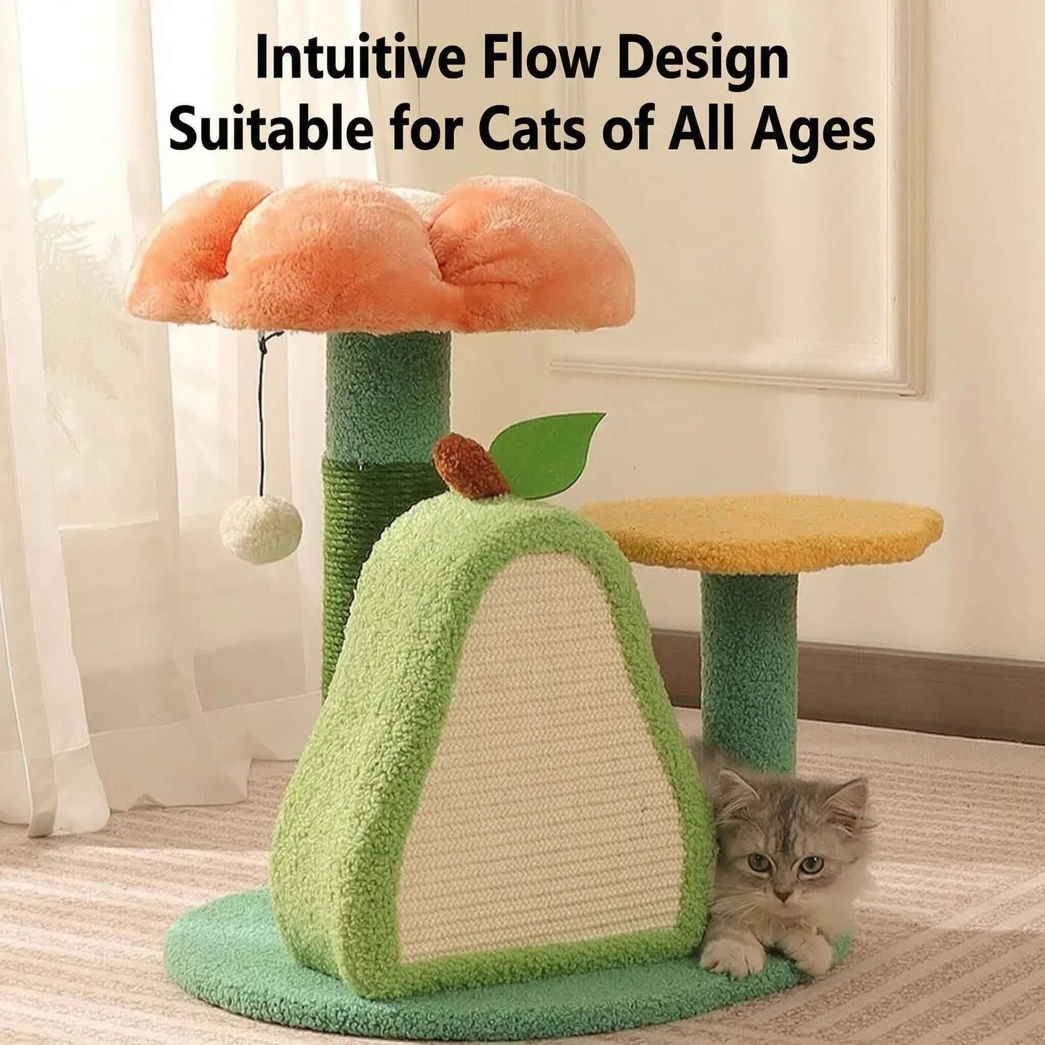 Cat tree with apple-shaped scratching post and plush perches for cats of all ages