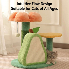 Cat tree with apple-shaped scratching post and plush perches for cats of all ages