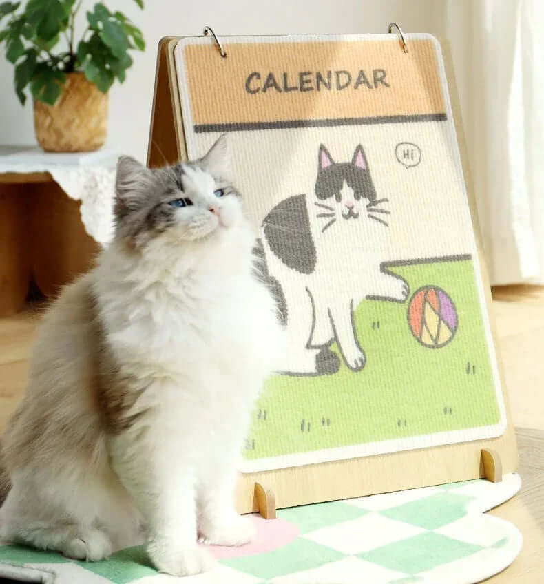 Fluffy cat beside cute cat-themed calendar on wooden stand, perfect for pet lovers’ home decor