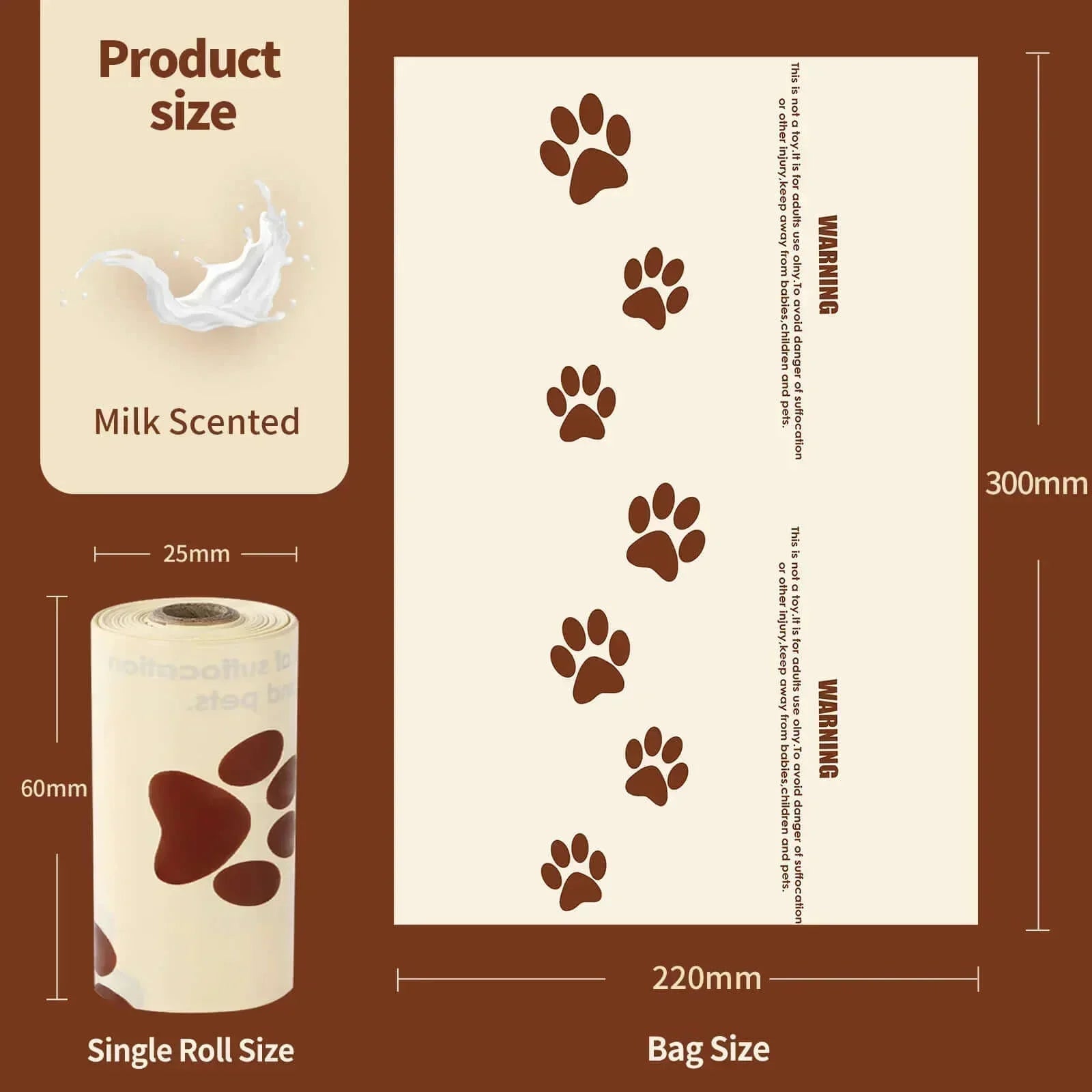 Milk-scented dog poop bags with paw print design, 220mm x 300mm, roll size 60mm x 25mm