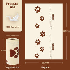 Milk-scented dog poop bags with paw print design, 220mm x 300mm, roll size 60mm x 25mm