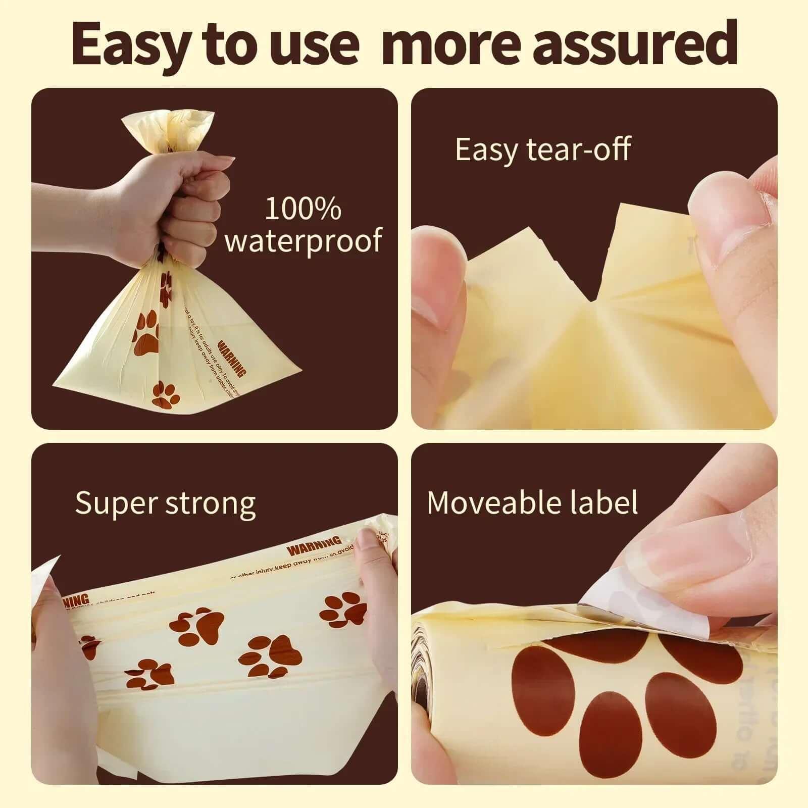 Waterproof dog waste bags with paw prints, easy tear-off, strong, and moveable label for pet owners