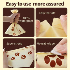 Waterproof dog waste bags with paw prints, easy tear-off, strong, and moveable label for pet owners