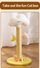 Cloud-shaped cat scratching post with hanging moon and star toys, perfect for playful cats