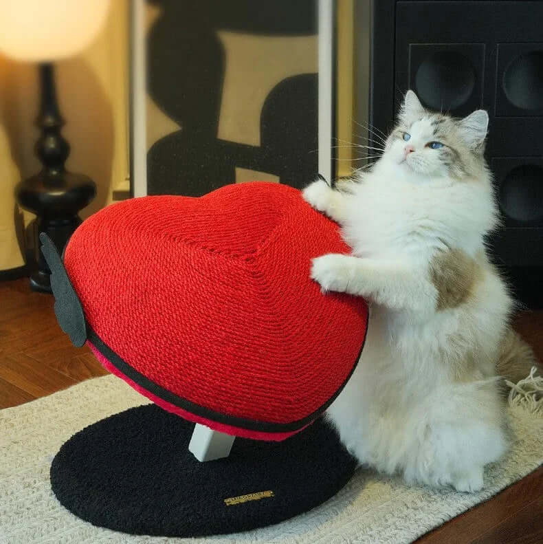 Vertical Heart-Shaped Cat Scratchers with Wings – Durable Natural Sisal Stretching Post with cat using it.