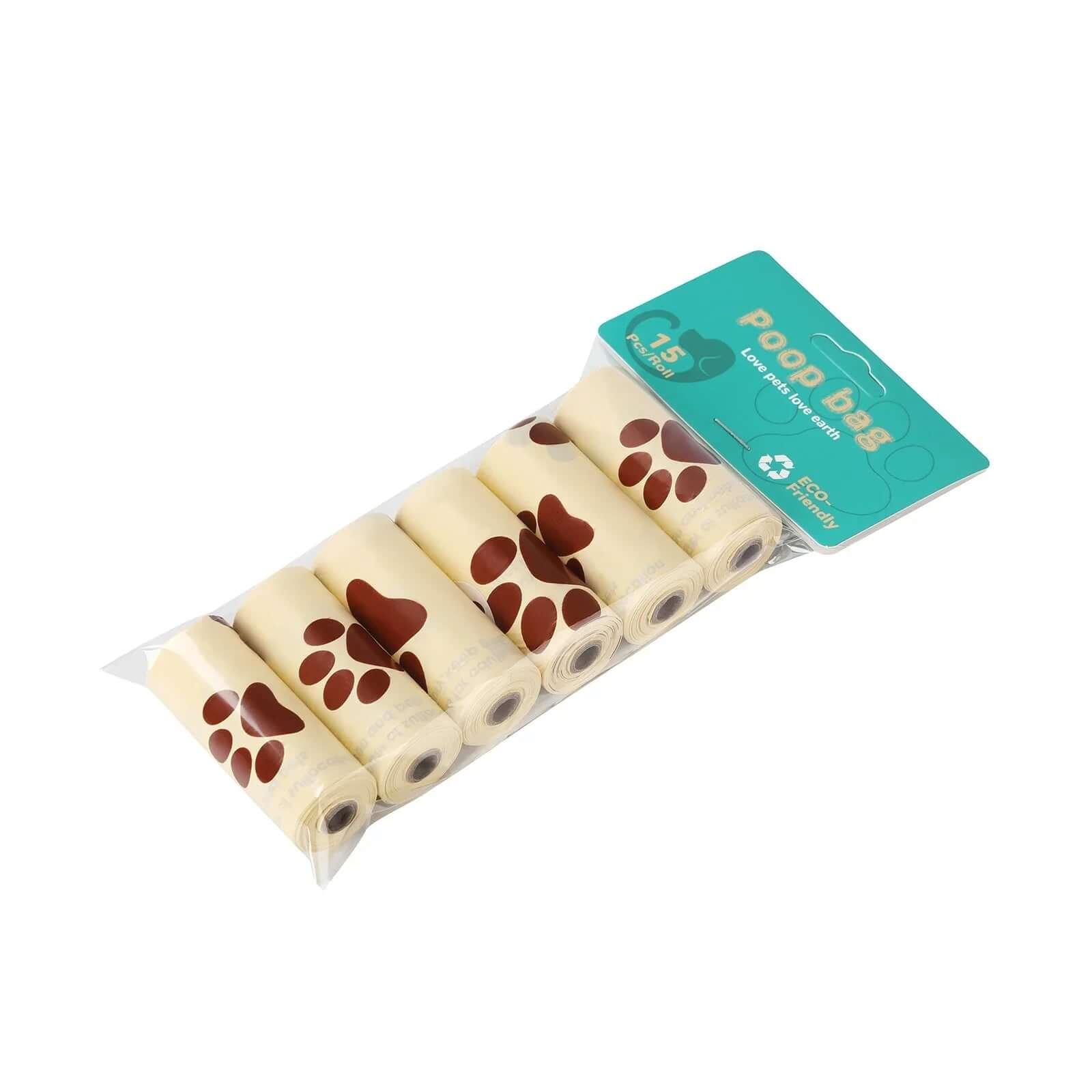 Eco-friendly dog poop bags with paw print design, 15 per roll, pet waste disposal solution