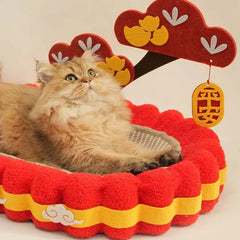 Cozy Cat Bed & Scratching Sofa with Sisal Surface - Festive Decor Edition - cat scratchers with a fluffy cat lounging.